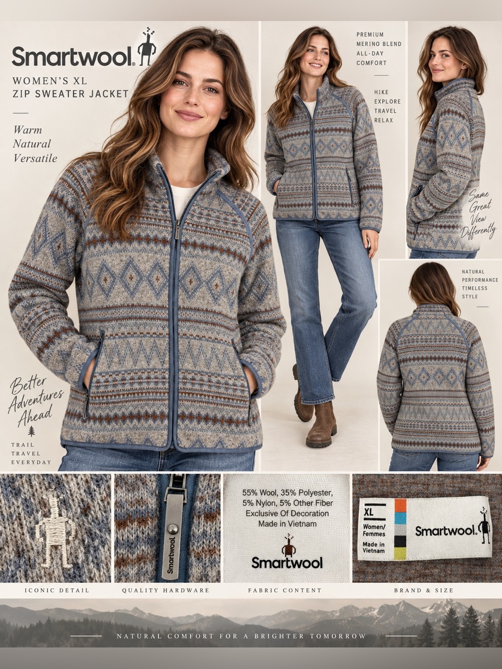 Smartwool Women XL Fair Isle Wool Blend Full Zip Sweater Jacket Nordic